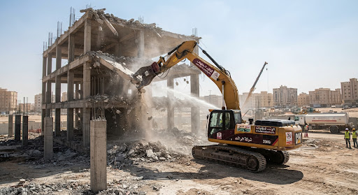 هدم مبنى بمعدات ثقيلة وبواكلين